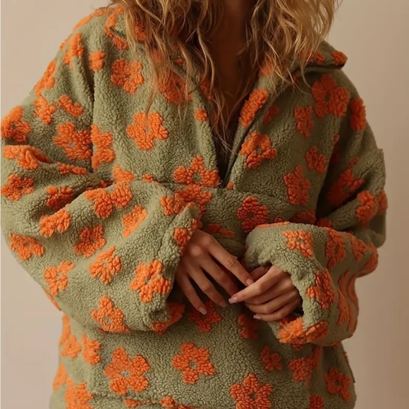 Urban Outfitters Floral Teddy Jacket - Olive and Orange - Picture 2 of 3